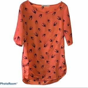 Janette Girls Coral Tunic with Black Sparrow Bird Pattern, Sz Small